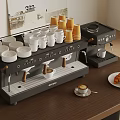 Café Counter Scene With Black Espresso Machine White Cups Saucers Small Coffee Maker And Croissant Plate On Wooden Tabletop