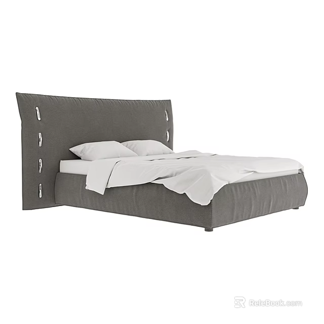 Modern Upholstered Double Bed With Gray Headboard Vertical Accents And White Bedding 3d model 