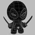 Cute Red Doll With Black Mask White Eyes Holding Samurai Swords