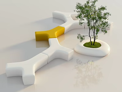 Modern Outdoor Chair With Geometric Design White Yellow And Small Tree Green Grass 3d model