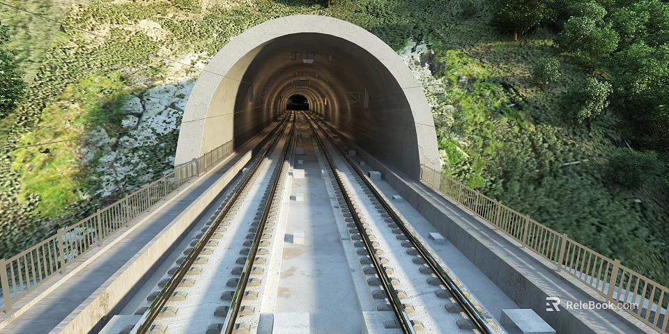 Road Infrastructure Featuring Railway Tunnel With Arched Entrance Rail Tracks Green Vegetation And Guardrails 3d model 