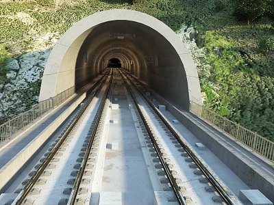 Road Infrastructure Featuring Railway Tunnel With Arched Entrance Rail Tracks Green Vegetation And Guardrails 3d model