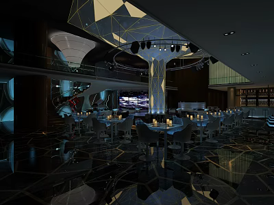 Modern Luxury Bar Interior Design With Illuminated Bar Counter And Stylish Seating 3d model