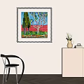 Vibrant Abstract Painting With Trees And Checkerboard Patterns For Interior Wall Decor 3d model