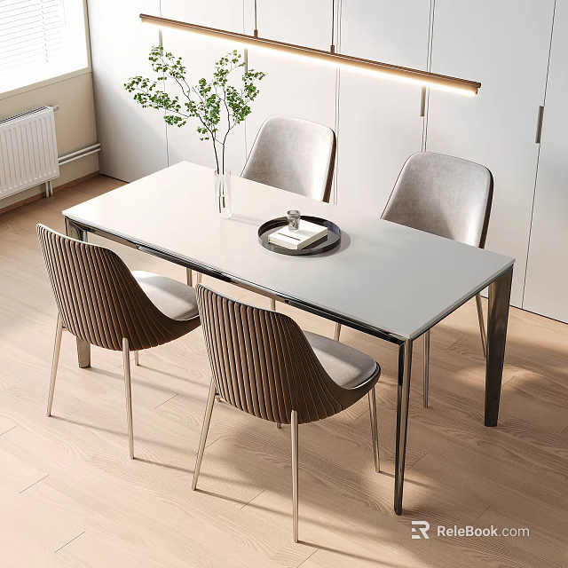 Modern Dining Table Set with White Table Four Striped Chairs Vase Green Plants Wooden Floor 3d model 