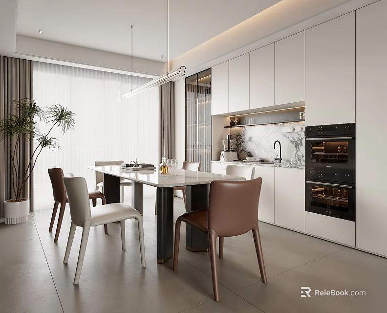 Modern Restaurant Dining Area With White Cabinets Marble Countertop Dining Table And Pendant Lighting 3d model 