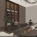 Modern Private Room Interior With Brown Sofas Round Dining Table And Decorative Lighting