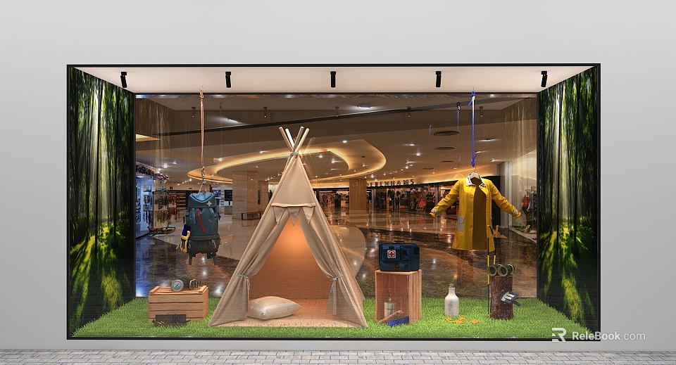 Shopping Mall Window Display With Teepee Yellow Coat Wooden Boxes Green Grass And Plants 3d model 