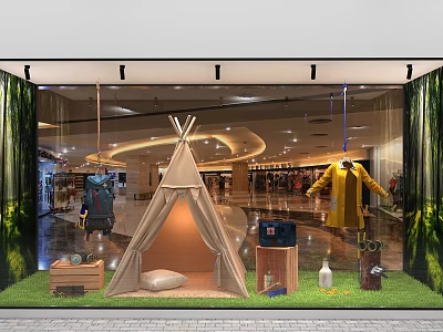 Shopping Mall Window Display With Teepee Yellow Coat Wooden Boxes Green Grass And Plants 3d model