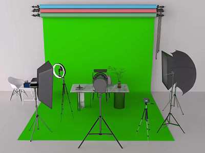 Public Office Space With Green Background Photography Equipment Ring Light Tripods Reflectors Table Chair Plants 3d model