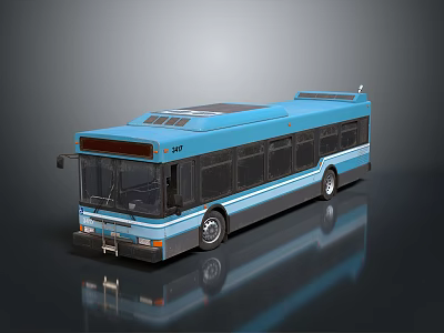 Blue City Bus with Solar Panels on the Roof Parking on Reflective Smooth Ground 3d model