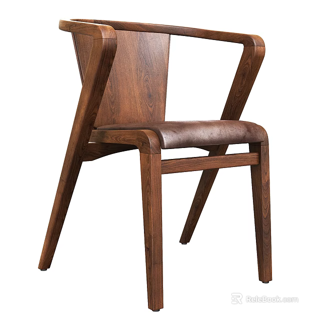 Modern Wooden Dining Chair with Leather Padded Seat and Curved Armrest Design 3d model 