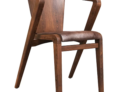 Modern Wooden Dining Chair with Leather Padded Seat and Curved Armrest Design 3d model