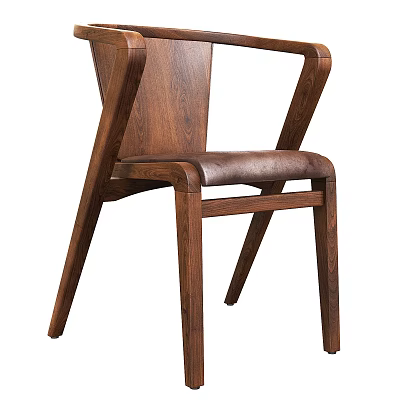 Modern Wooden Dining Chair with Leather Padded Seat and Curved Armrest Design 3d model