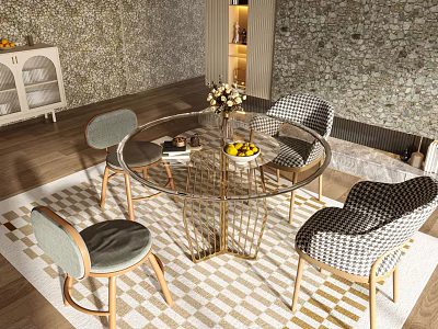Round Glass Dining Table Set With Metal Frame Checkered Chairs Geometric Rug And Stone Wall 3d model