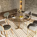 Round Glass Dining Table Set With Metal Frame Checkered Chairs Geometric Rug And Stone Wall