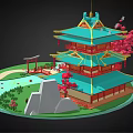 Traditional Chinese Tower With Green Roof Red Columns Cherry Blossom Trees And Stone Bridge
