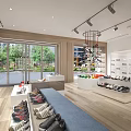 Shoe Store Interior with Shelves Display Tables Various Shoes Modern Lighting and Wooden Flooring