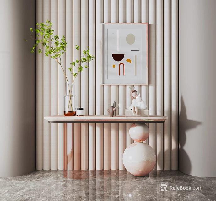 Modern Console Table With Green Plant Vase Wall Art And Decorative Ornaments 3d model 