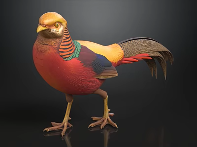 Colorful Golden Pheasant With Red Yellow Green Blue Feathers Standing On Black Background 3d model