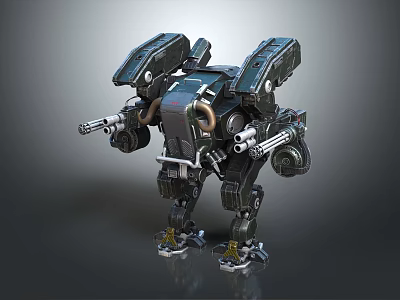 Mechanical Combat Robot Warrior With Shoulder Armor And Arm Guns Standing Stance 3d model