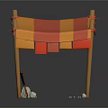 Tented Canopy Structure With Orange Red Striped Fabric Wooden Legs White Balls And Metal Tool