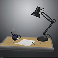 Wooden Desk Setup With Black Desk Lamp Pen Holder Blank Paper Pencil And Sharpener