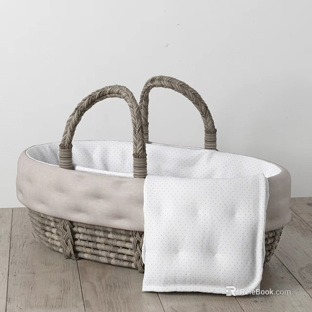 Light Colored Wicker Basket With Braided Handles And Polka Dot Towel On Wooden Floor 3d model 