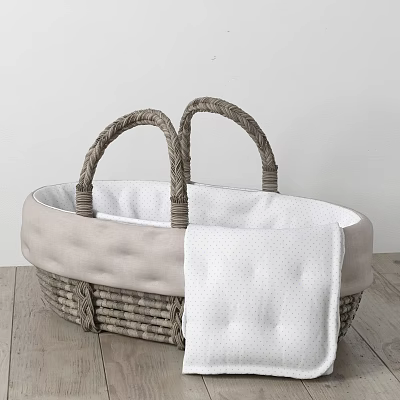 Light Colored Wicker Basket With Braided Handles And Polka Dot Towel On Wooden Floor 3d model