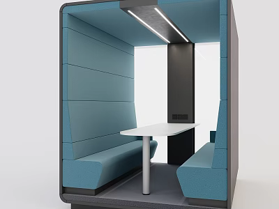 Modern Public Seating With Blue Padded Seats And White Table In Enclosed Lounge Area 3d model