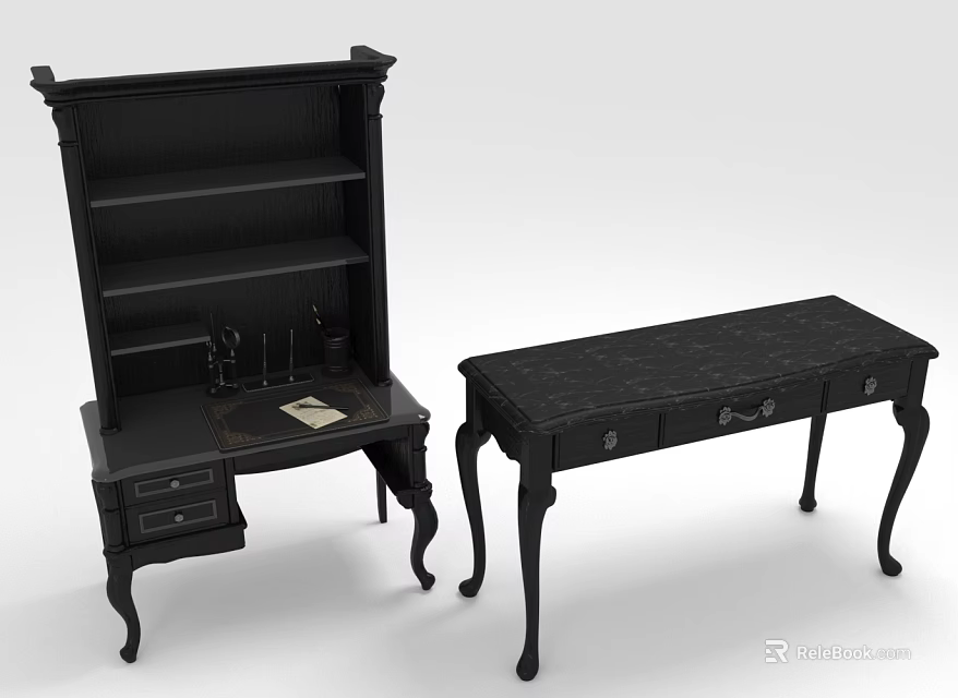 Vintage Black Wooden Desk with Drawers and Matching Bookcase Shelves 3d model 