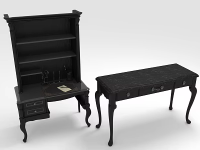 Vintage Black Wooden Desk with Drawers and Matching Bookcase Shelves 3d model