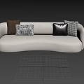 Modern Beige Curved Three Seater Sofa With Patterned Leather And Checkered Pillows