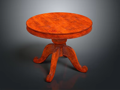 Stylish Round Wooden Table With Mahogany Brown Smooth Surface And Three Curved Legs 3d model