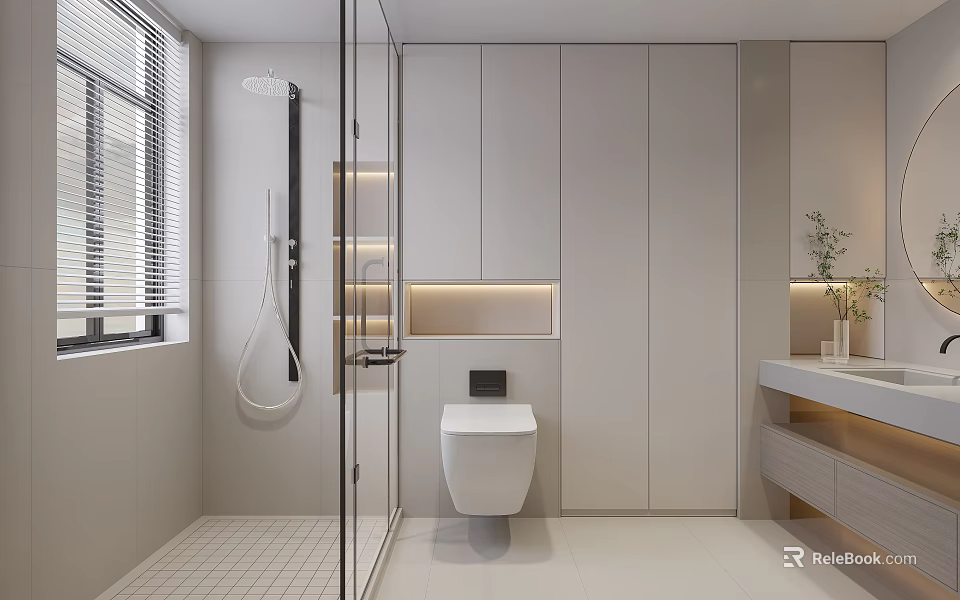Sleek Light Colored Modern Bathroom With Glass Shower Wall Hung Toilet And Warm Ambient Lighting 3d model 