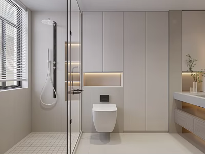 Sleek Light Colored Modern Bathroom With Glass Shower Wall Hung Toilet And Warm Ambient Lighting 3d model