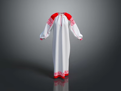 Traditional White Robe With Red Embroidery On Collar Cuffs And Hem 3d model