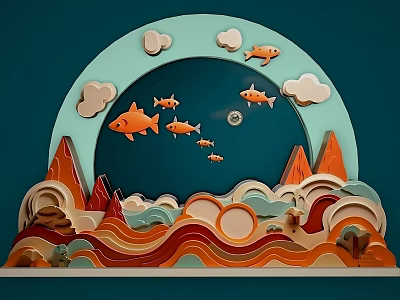 3D Paper Art Design With Orange Fish Moon Clouds And Colorful Mountain Waves 3d model