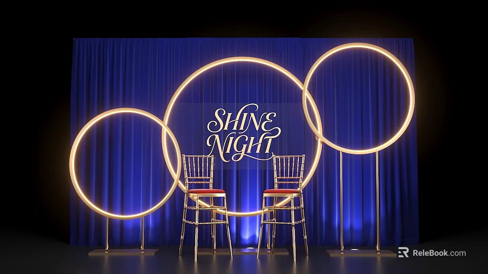 Photo Spot with Blue Curtain Illuminated Golden Rings Shine Night Text and Two High Chairs 3d model 