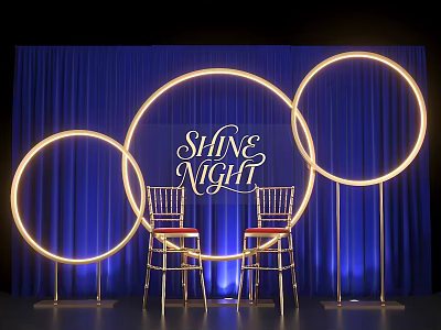 Photo Spot with Blue Curtain Illuminated Golden Rings Shine Night Text and Two High Chairs 3d model