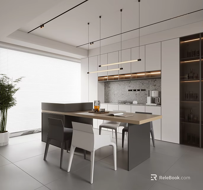 Modern Open Concept Kitchen Interior Design With Island Counter And Pendant Lights 3d model