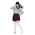 A Woman With Gray Long Hair In White Off Shoulder Sweater And Brown Plaid Skirt