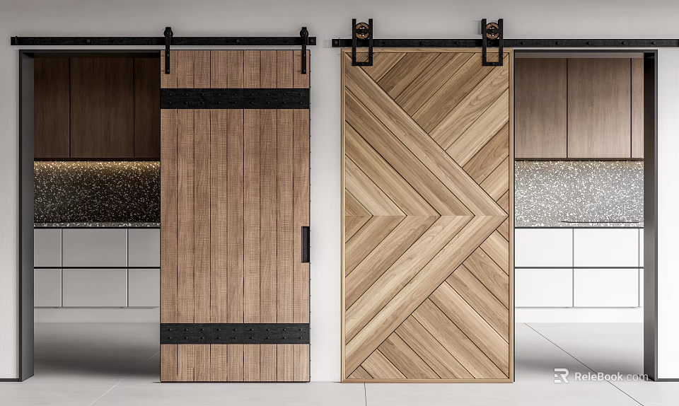 Modern Kitchen Interior With Wooden Barn Doors Featuring Black Strips And Chevron Pattern 3d model 