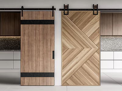 Modern Kitchen Interior With Wooden Barn Doors Featuring Black Strips And Chevron Pattern 3d model