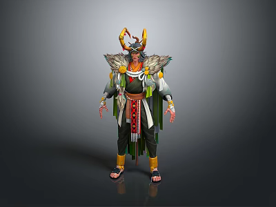 Mythical Character 3D Model With Horned Headdress Feathered Cloak And Traditional Costume 3d model