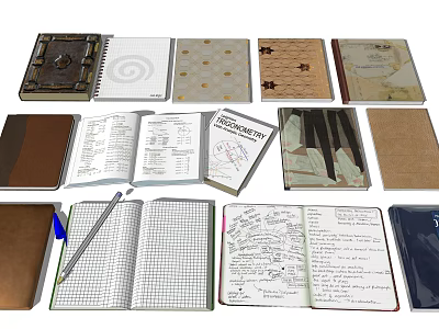 Various Open Notebooks With Handwritten Notes Different Cover Designs Grid Lined Blank Pages And Pens 3d model