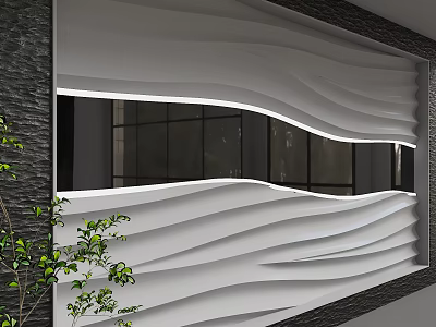 Modern White Background Wall With Wavy Design LED Strip Black Frame And Green Plants 3d model