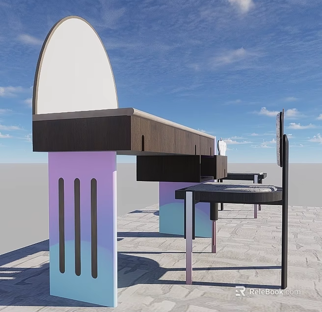 Modern Table And Chair Set With Curved Wooden Top And Gradient Colored Legs 3d model 