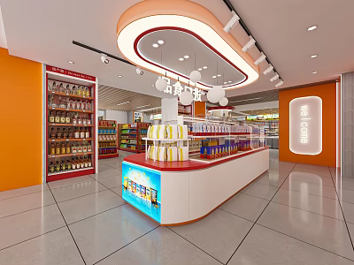 Modern Supermarket Grocery Store Interior With Product Shelves Snacks Drinks And Checkout Counter 3d model