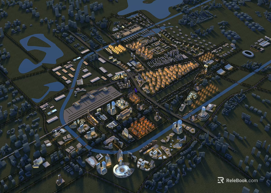 Aerial View Urban Planning With City Layout Infrastructure Roads Water Bodies And Green Spaces 3d model 